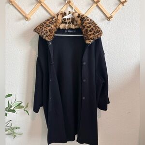 Zara Knit Coat with Faux Leopard Fur Collar Size Small